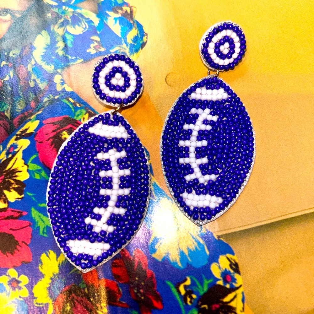 NWT blue and white beaded football earrings